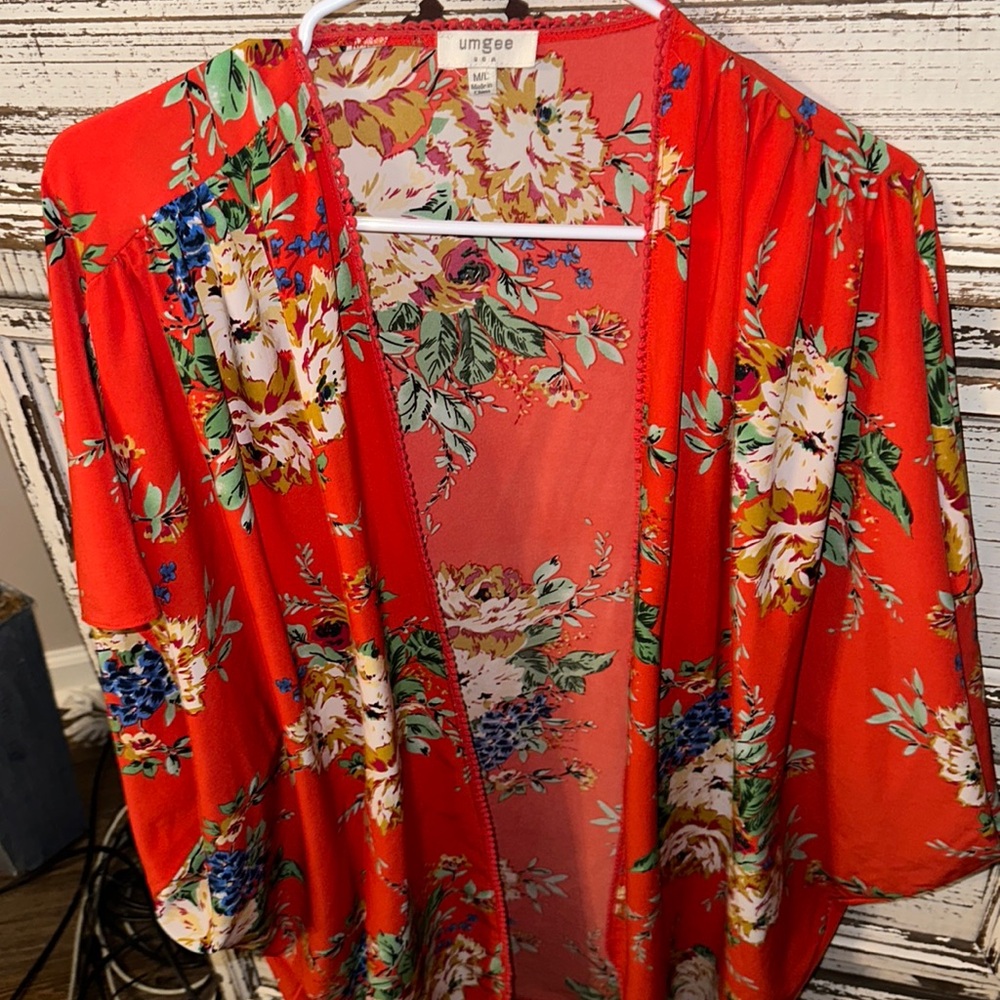 Umgee new orange with green white floral print kimono short sleeve size medium L